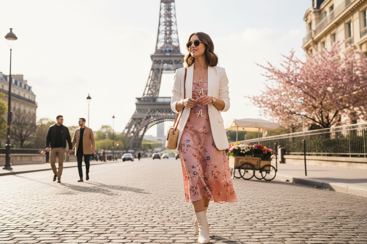 una chicha con su pulsera y su collar con su inicial enfrente De la Torre eifell paseando
